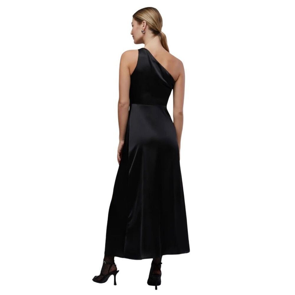 Rachel Parcell One Shoulder Satin Dress 12 Black Midi Formal Wedding Guest NWT - Picture 2 of 6